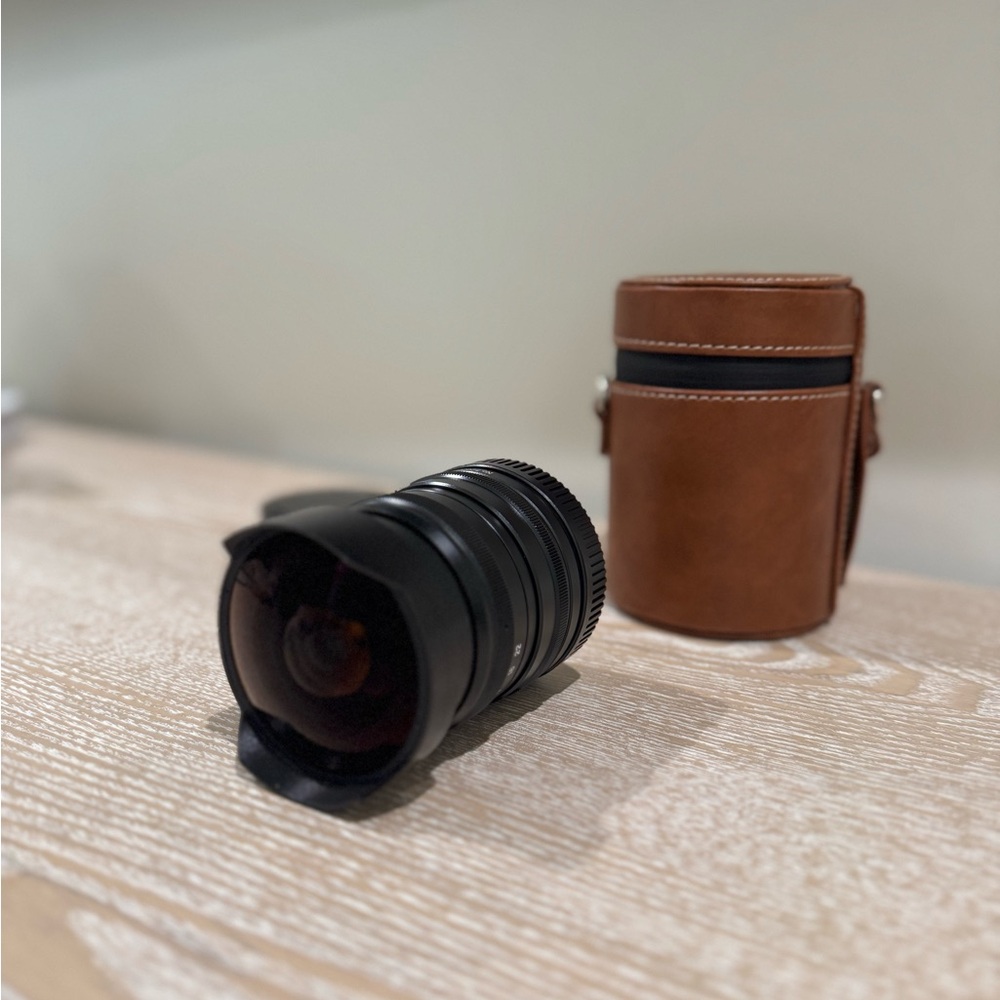 Black Camera Lens with Brown Case